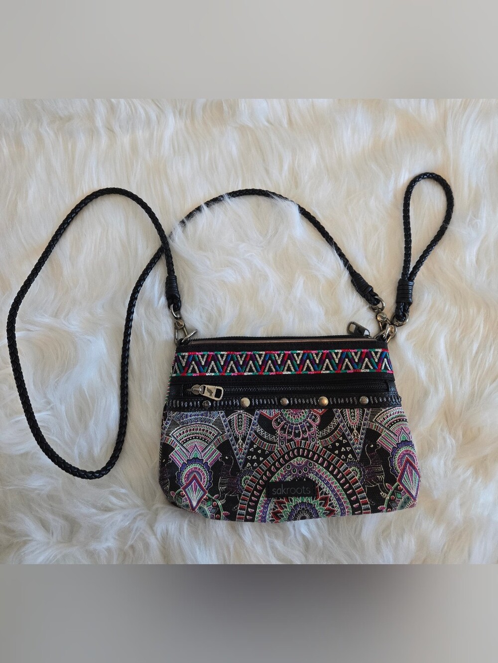 Sakroots Artist Circle Crossbody Purse Black Multicolor Boho Bohohemian